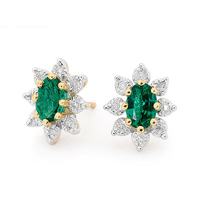 Bee 9ct Yg Lab Emerald Diamond Cluster Earring