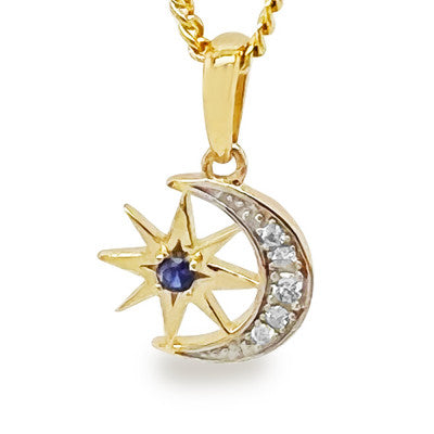 Bee 9ct Yg Moon & Star Created Sapphire Pendant