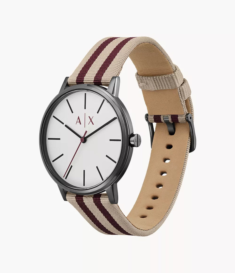 Armani Exchange Three-Hand Brown and Red Textile Watch