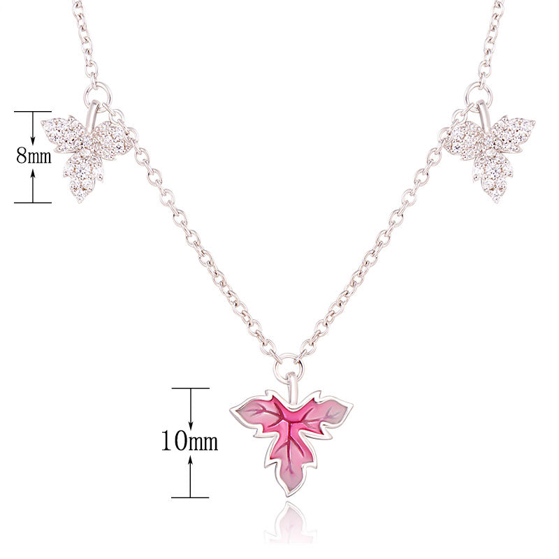 J&T STG White Cz & Red Enamel Rhodium Plated Necklace