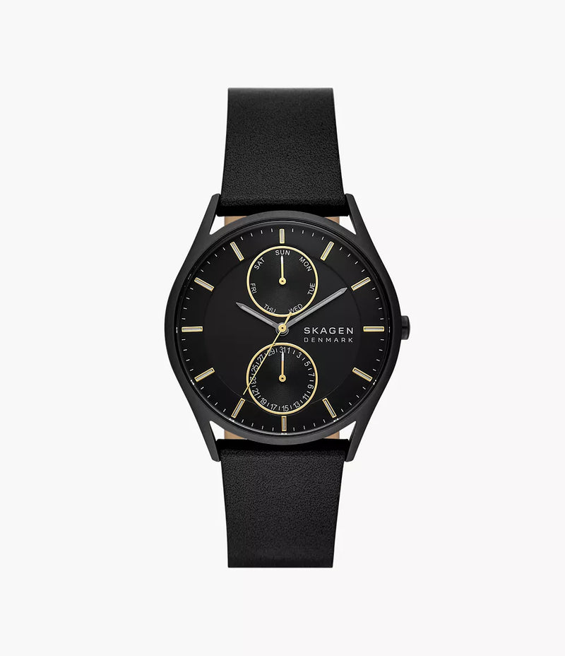 Skagen Holst Multifunction Black Leather Watch