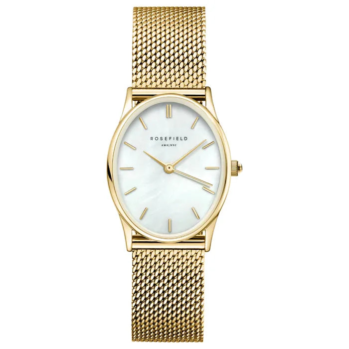 Rosefield Oval White Mop Gold Mesh Watch