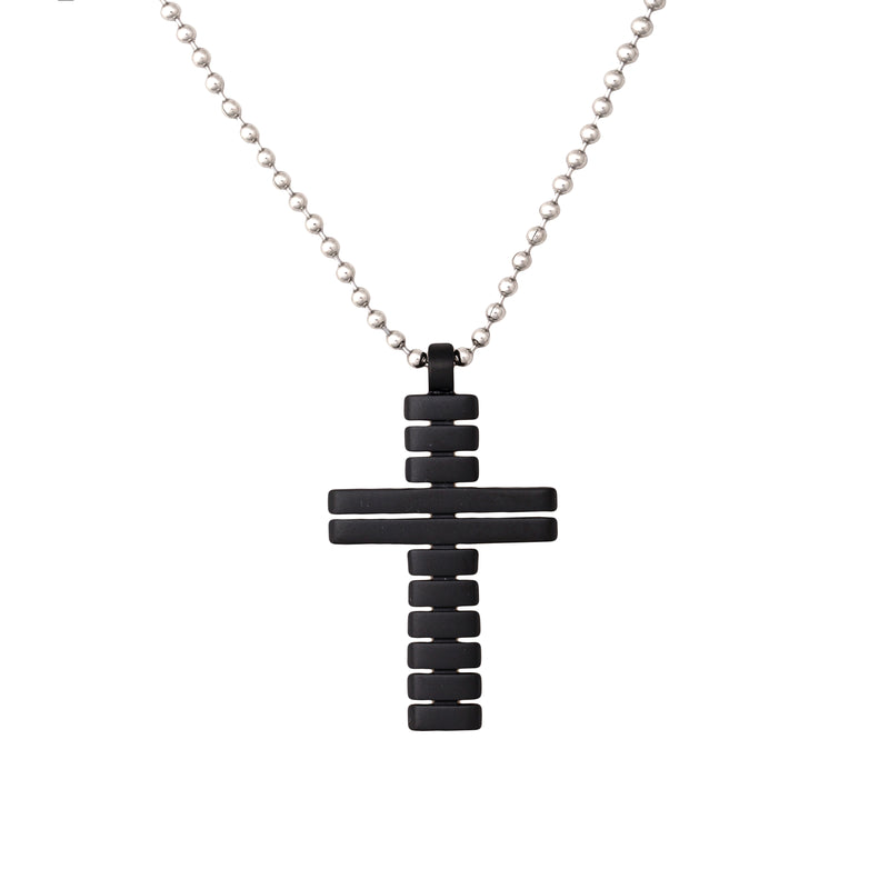 Cudworth I  Black Horiztal Stripe S-Steel Cross Pendant Ball chain