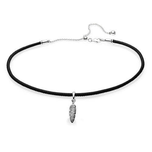 Pandora Black Leather Choker w Silver Feather Pendant – Prouds Fiji