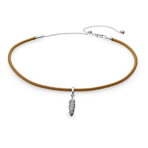 Pandora Golden Tan Leather Choker w Silver Feather Pendant