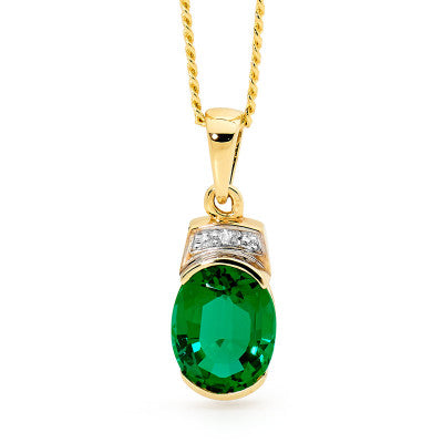 Bee 9Ct Yg Created 9x7mm Emerald Pendant