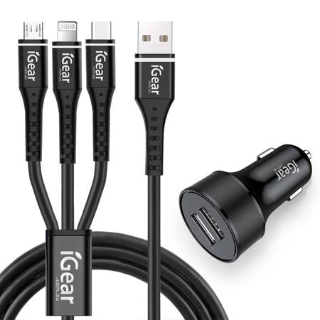 iGear Charger Auto W/Cable 3in1 2USB H/D Blk IG1608