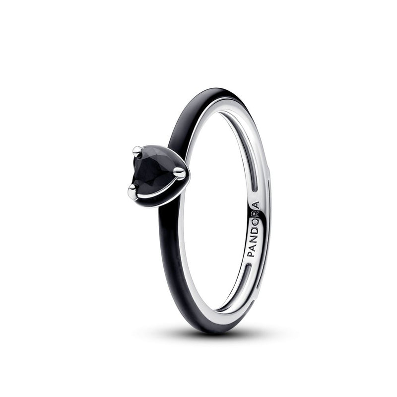 Heart sterling silver ring with black crystal and black enamel