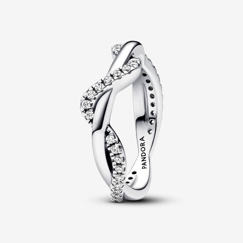 Double wave sterling silver ring with clear cubic zirconia