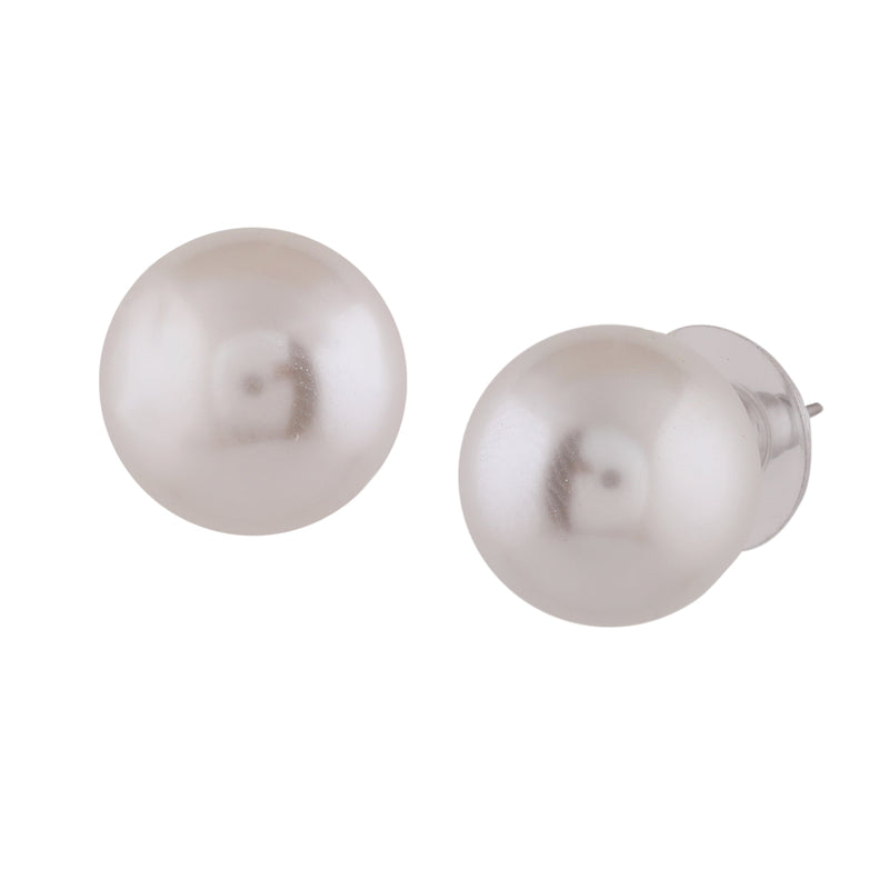 Estele Rhodium Plated Beautiful White Glass Pearl Stud Earrings for Women