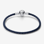 Pandora Moments Round Clasp Blue Braided Leather Bracelet