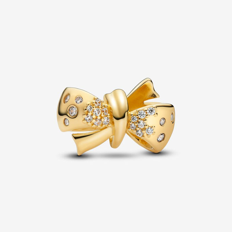 Pandora 14k Gold Palted Bow W Clear Cz Charm