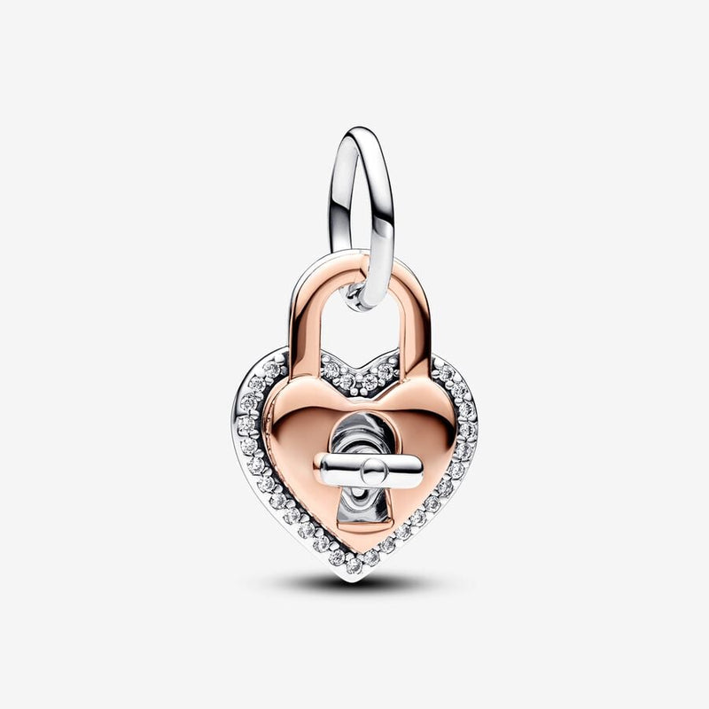 Pandora Padlock heart sterling silver and 14k rose gold-plated dangle with clear cubic zirconia