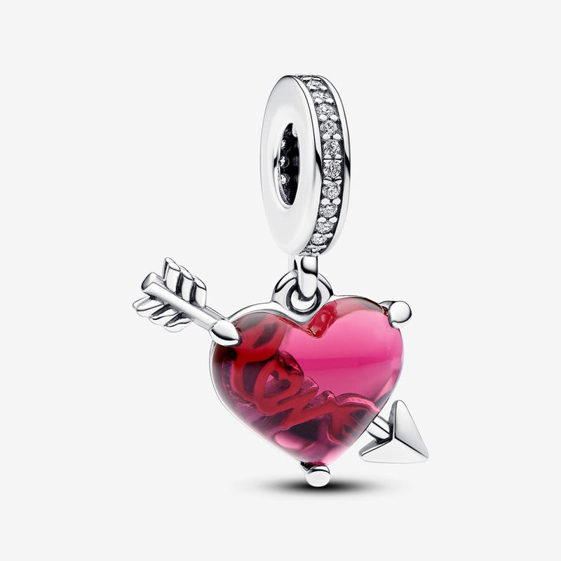 Pandora Heart and arrow sterling silver dangle with clear cubic zirconia and red Murano glass
