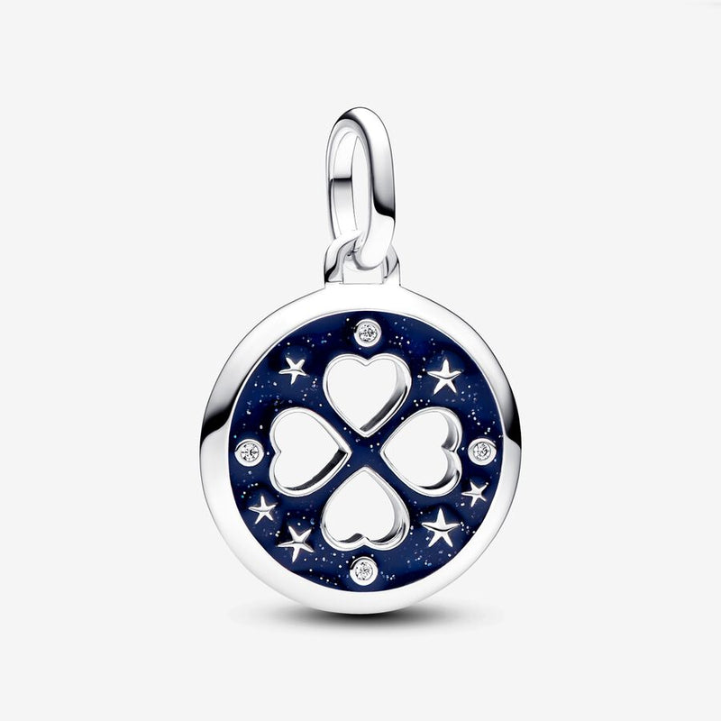 Pandora Clover sterling silver medallion with clear cubic zirconia and glittery blue enamel