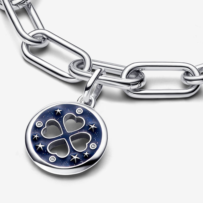 Pandora Clover sterling silver medallion with clear cubic zirconia and glittery blue enamel