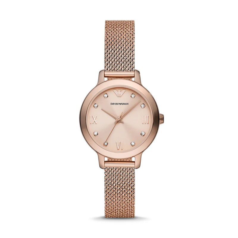 Emporio Armani Three-Hand Rose Gold-Tone Stainless Steel Mesh Watch