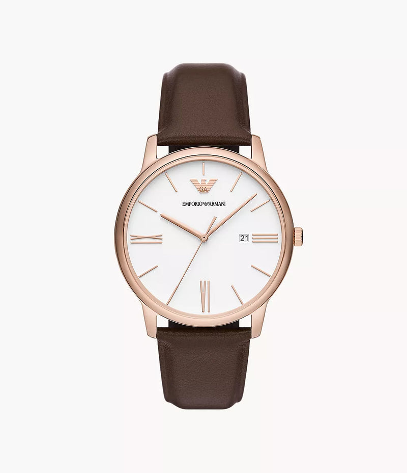 Emporio Armani Three-Hand Date Brown Leather Watch