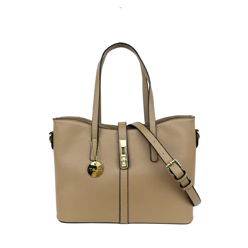 Saffiano-Effect Curve Top Satchel Shoulder Bag Sand