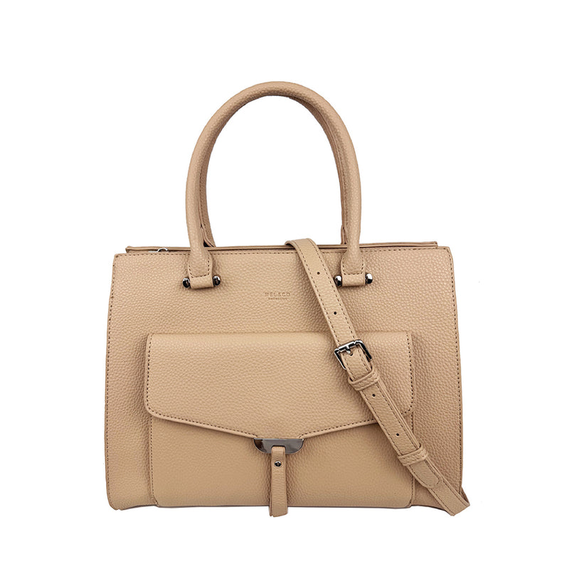 Pebbled Satchel With Flap Pocket Almond