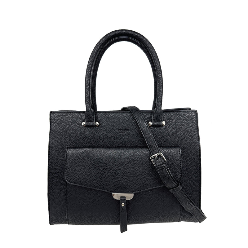 Pebbled Satchel With Flap Pocket Black