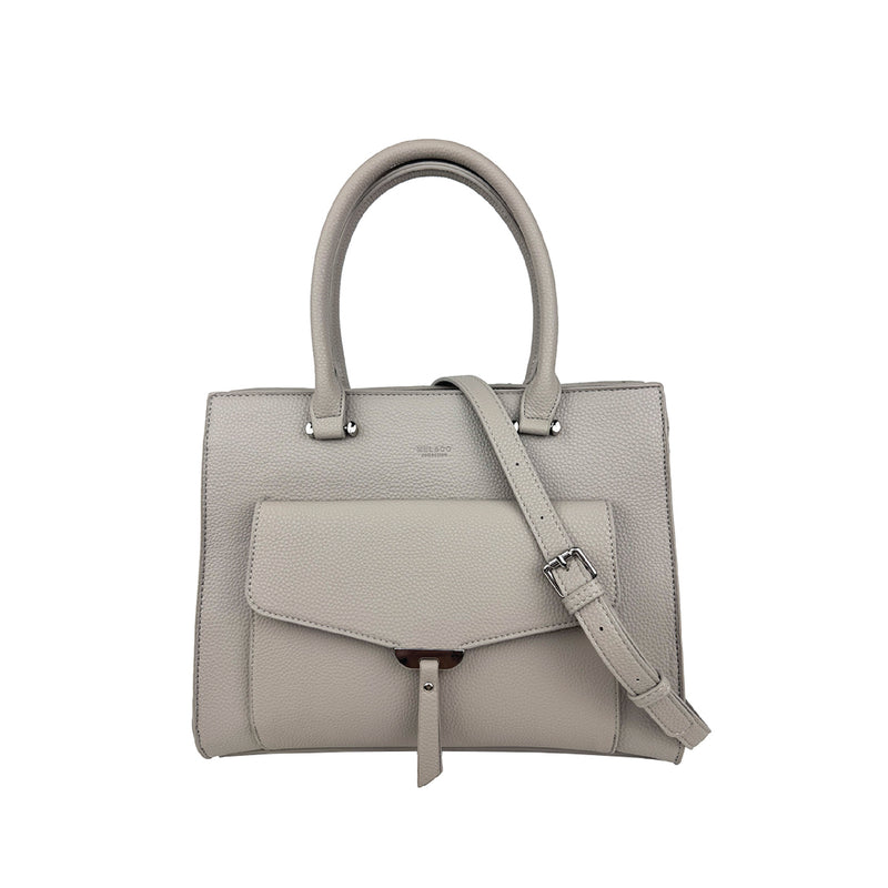 Pebbled Satchel With Flap Pocket Light Grey