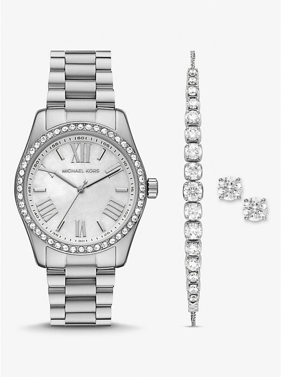 MK Lexington Pave Silver-Tone Watch and Bracelet Set