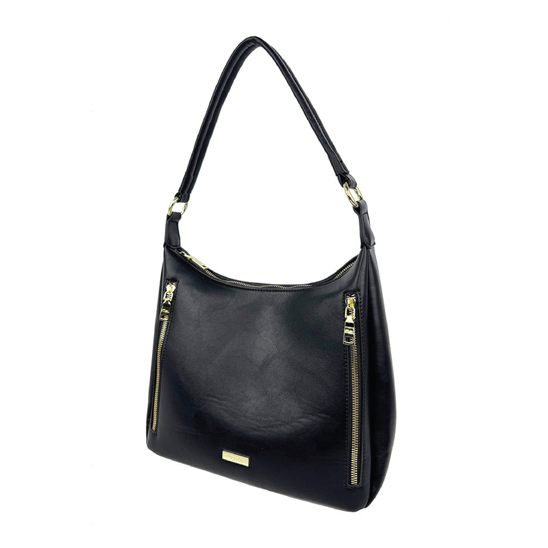 Faux Leather Twin Zip Shoulder Bag Black