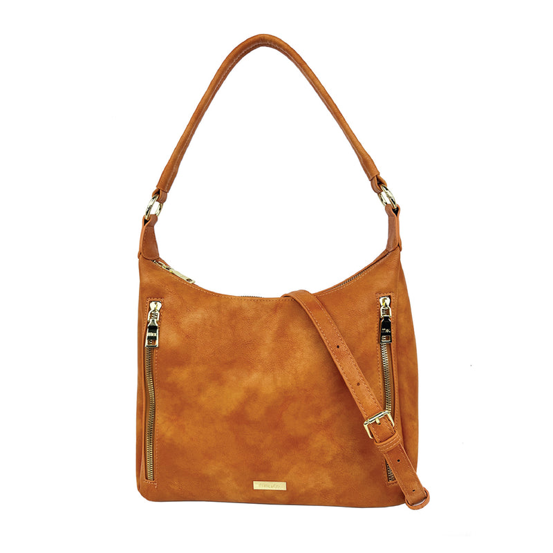 Faux Leather Twin Zip Shoulder Bag Tan