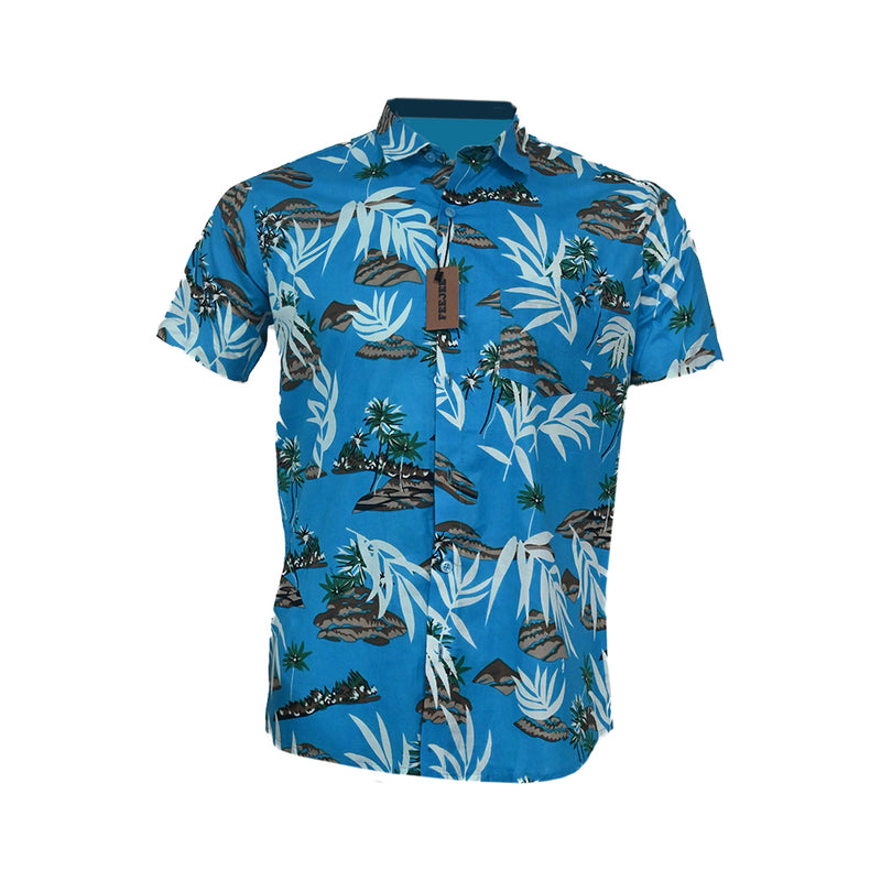 R-Hawaiian Printed Cotton Shirt  Blue