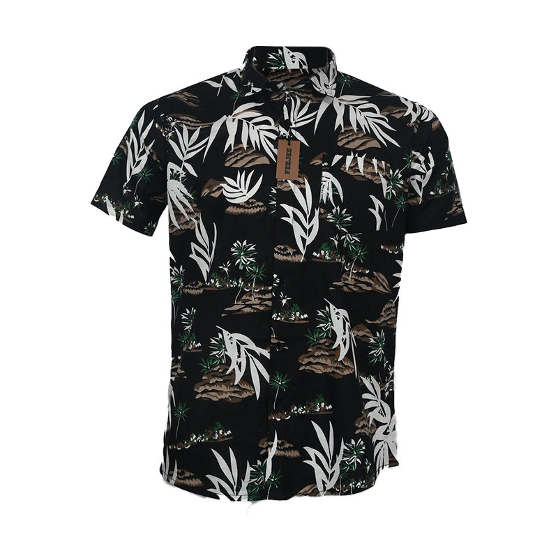 R-Hawaiian Printed Cotton Shirt  Black