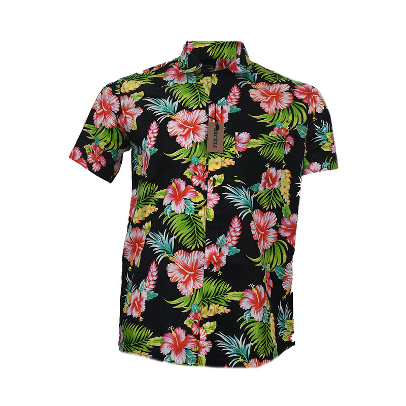 R-Hawaiian Printed Cotton Shirt  Black