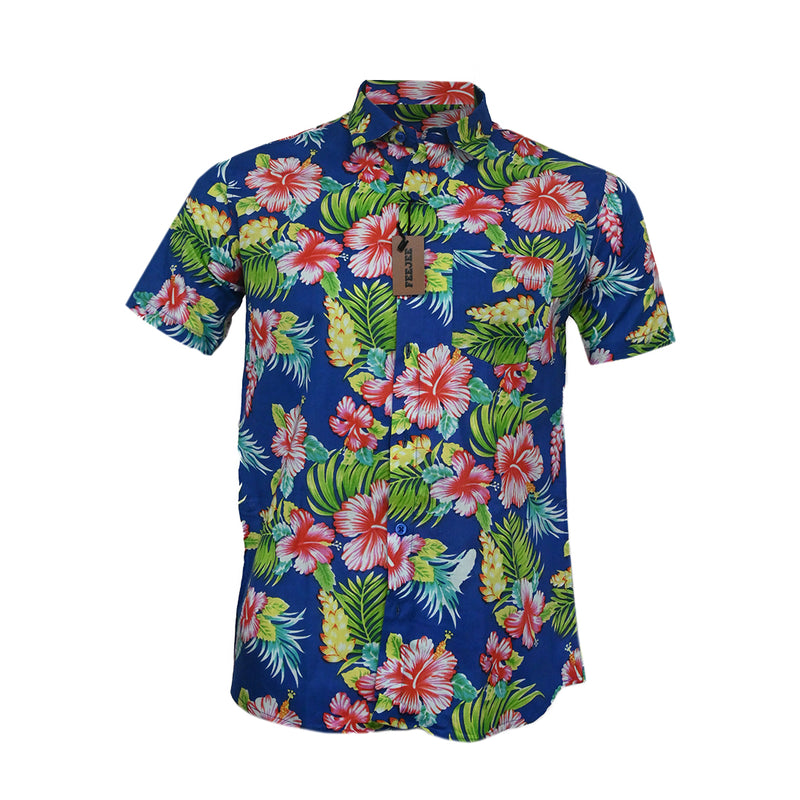 R-Hawaiian Printed Cotton Shirt  Blue