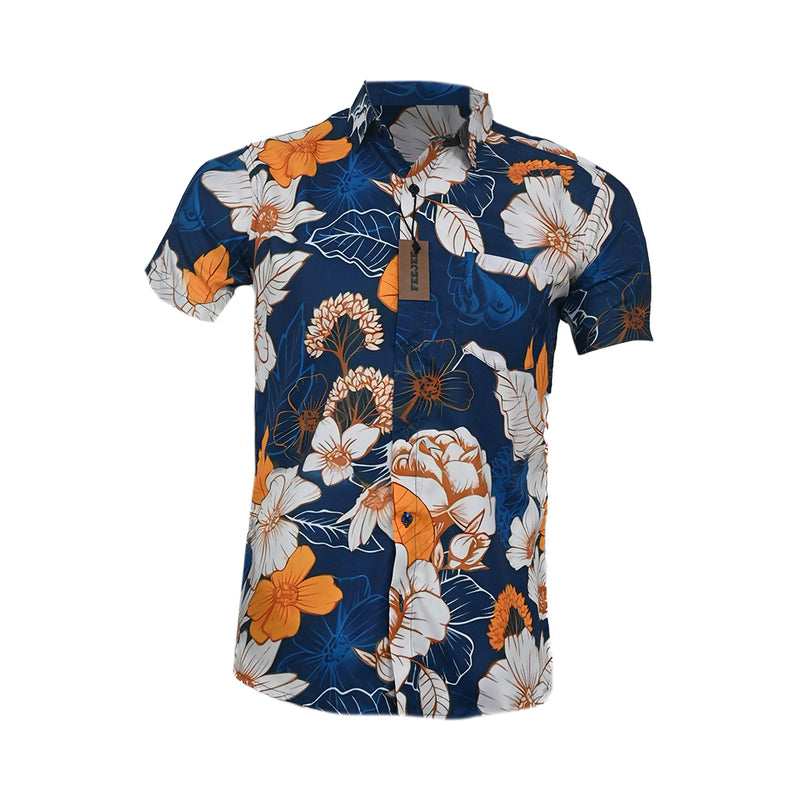 R-Hawaiian Printed Polyster Shirt Navy