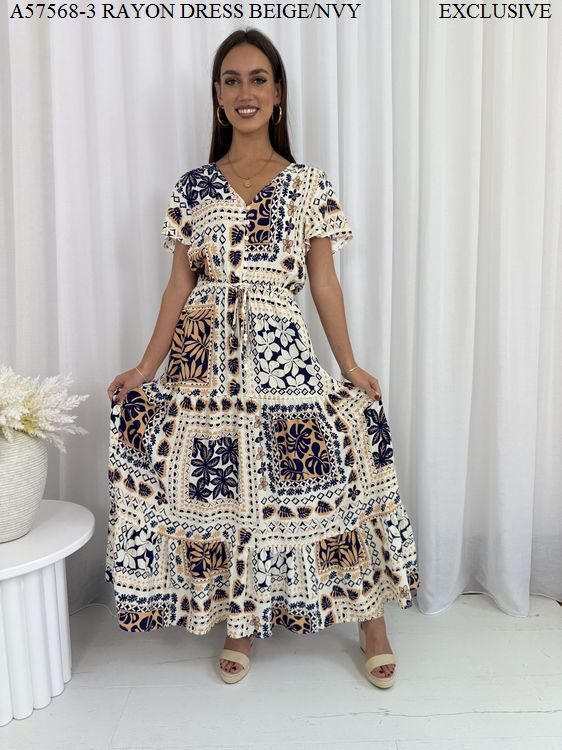 Miracle Ladies Maxi Dress Beige Navy