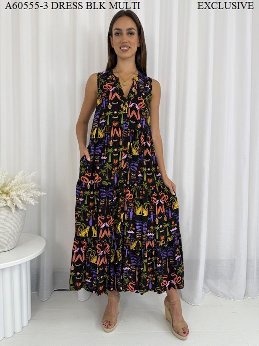 Miracle Ladies Maxi Dress Black Multi Prints