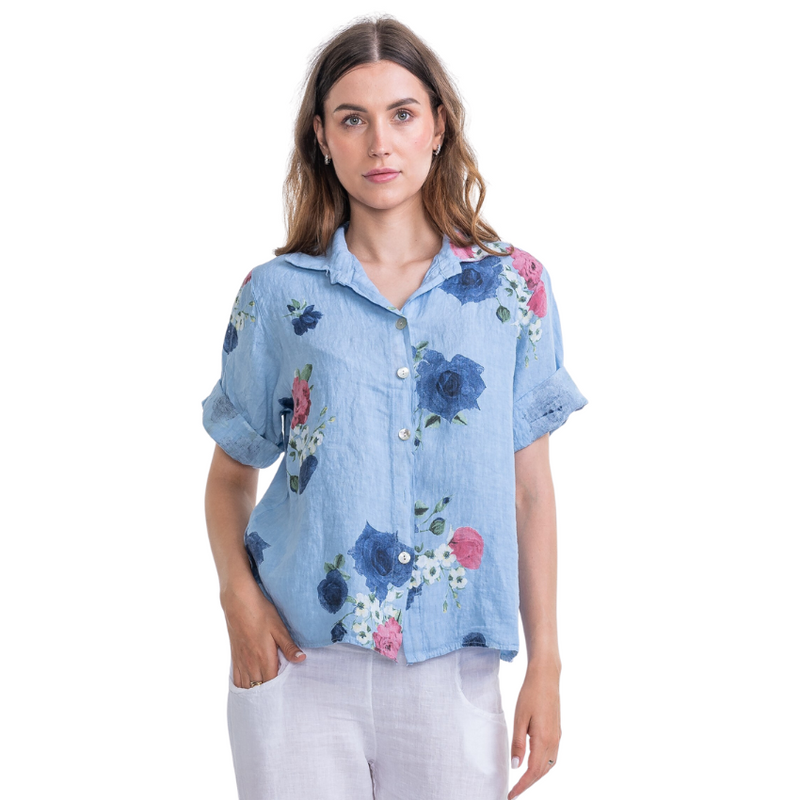 Vera May Ladies Italian Linen Sky Blue Top