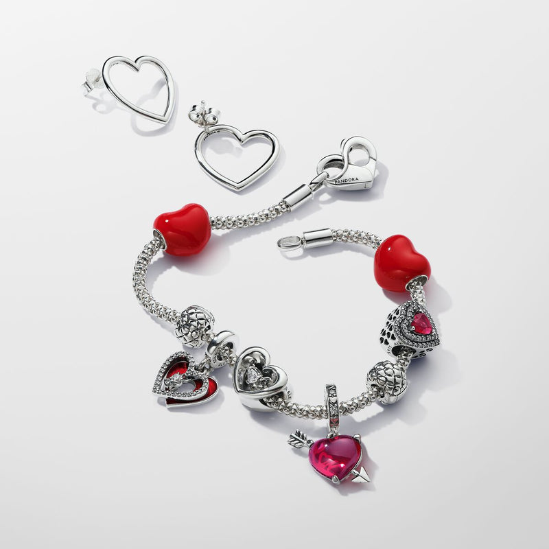 Pandora Heart and arrow sterling silver dangle with clear cubic zirconia and red Murano glass