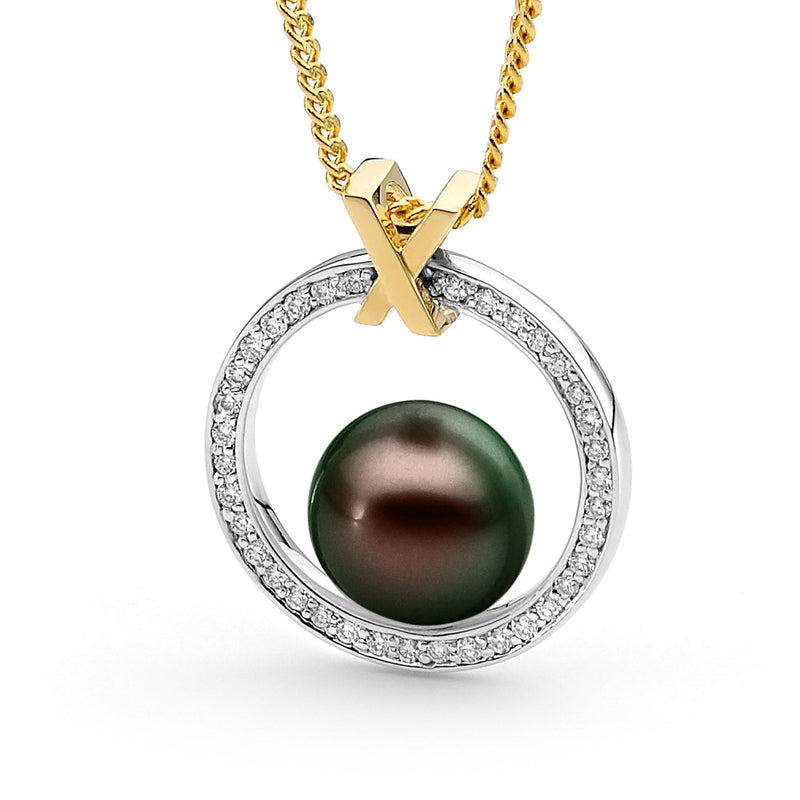 Allure 18ct Y/G 0.28ct G/Sl Diamond 10-11mm Button Black Pearl Pendant