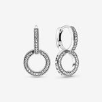 Pandora Logo & Circles Silver Hoop Earrings W Cz