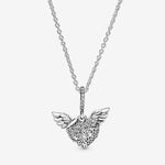 Pandora Pave Heart & Angel Wings Silver Necklace with Cz