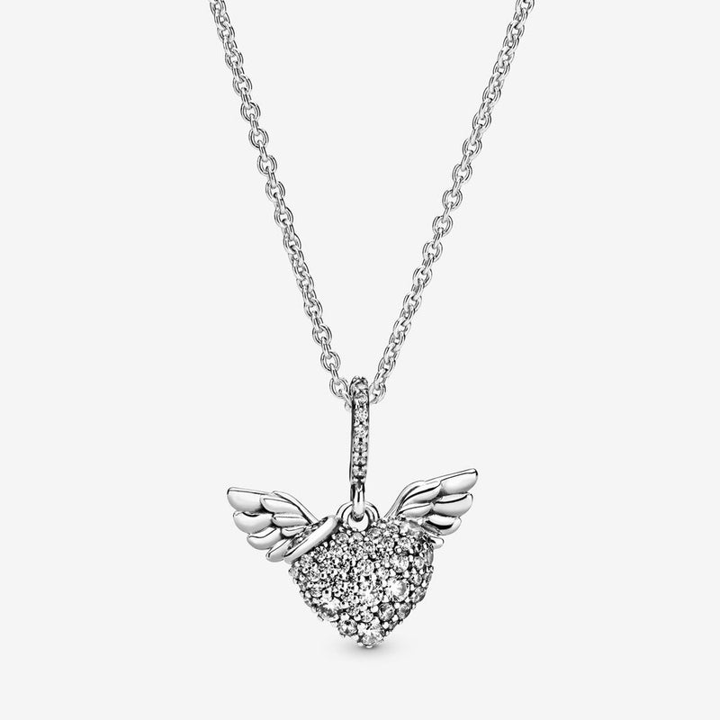 Pandora Pave Heart & Angel Wings Silver Necklace with Cz