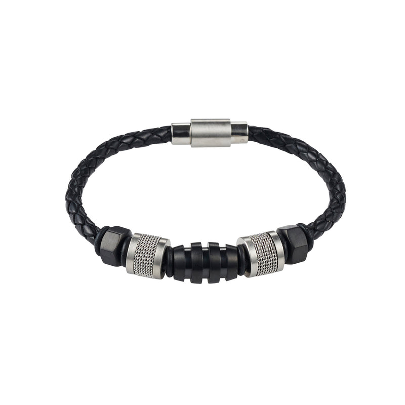 Cudworth Hardware  Brown Leather Bracelet 20cm  Black/Steel Beads