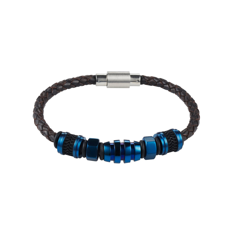 Cudworth  Hardware Brown Leather Bracelet 24cm  Blue/Black Beads
