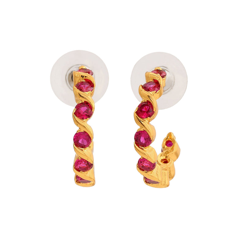 Estele 24Kt Gold Plated Ruby CZ Hoop Earrings