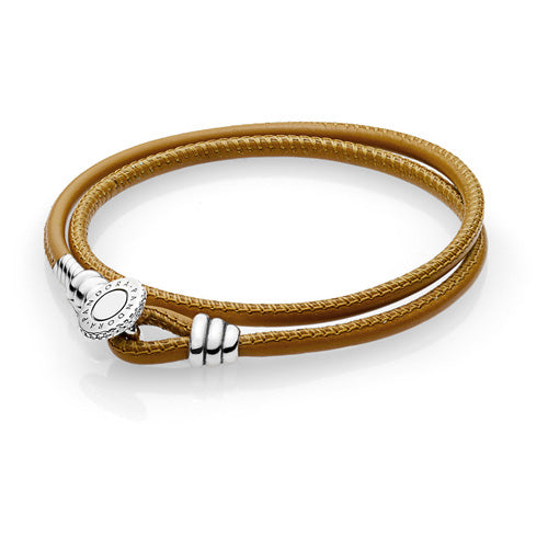 Pandora Golden Tan Moments Double Leather Bracelet w Silver Pandora Clasp