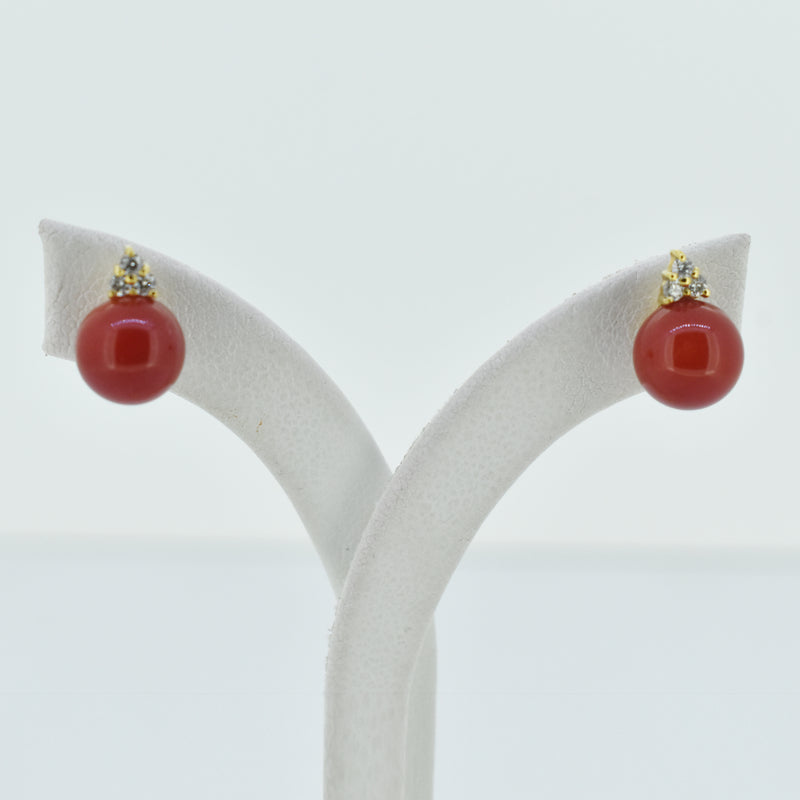 Lumisa  Red Coral 18CT YG .03CT Dia Earring