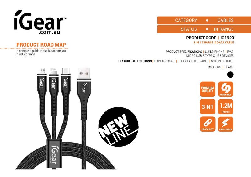 iGear Cable Chg/Sync 3 in1 H/D iPhone/Type-C/Micro IG1923