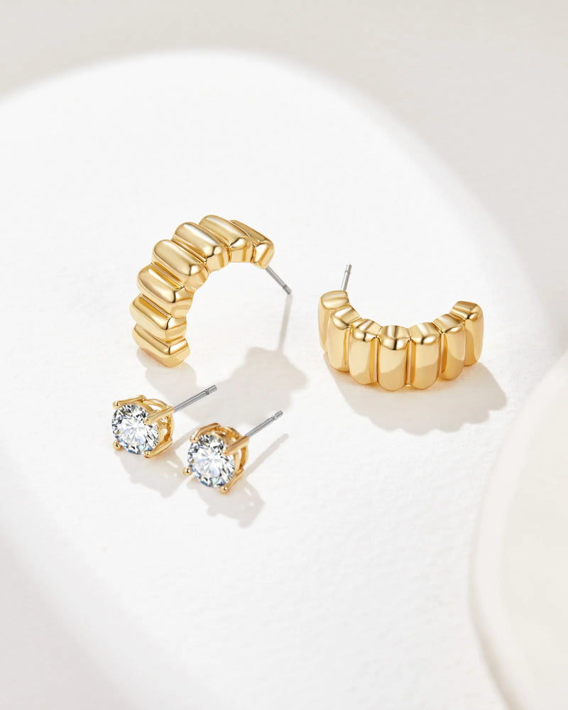 Mestige CZ Gold 18K Wave Hoop and Stud Set